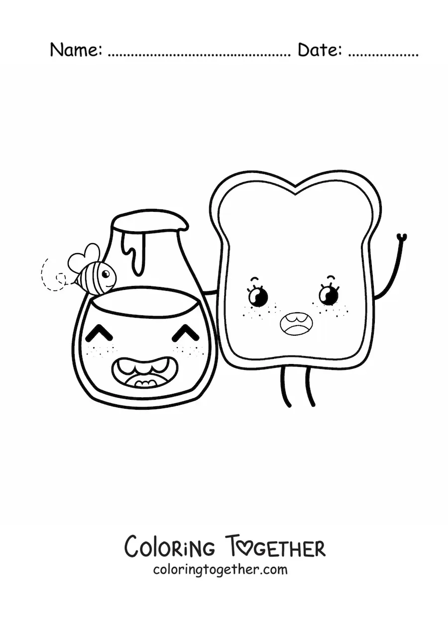 Coloring page of cute kawaii cartoon toast with a honey jar and a bee