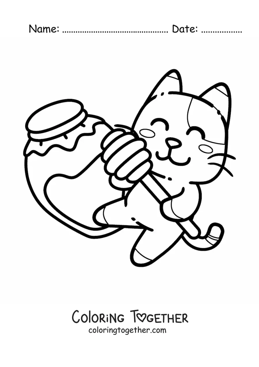 Coloring page of a cartoon cat with a honey jar
