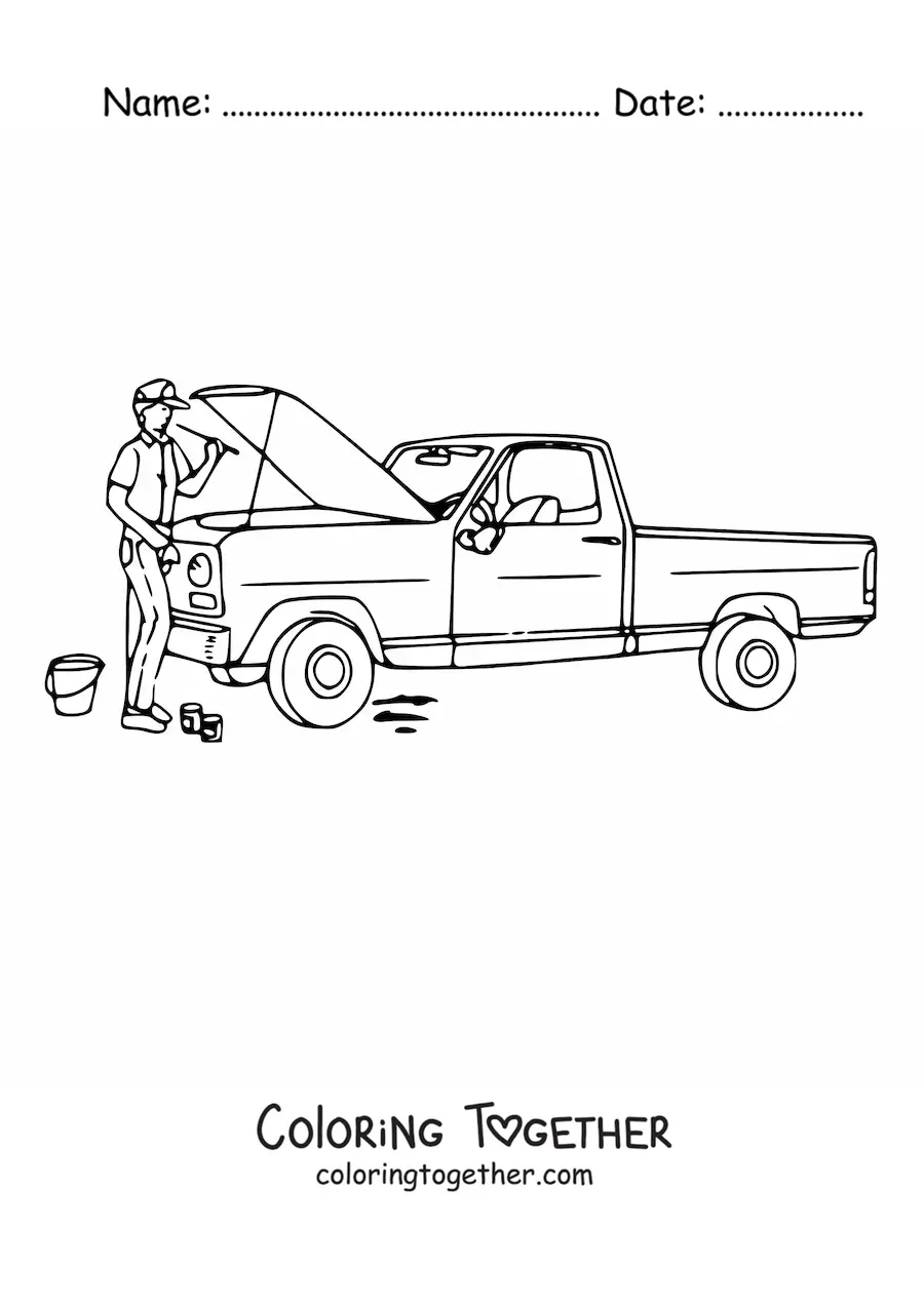 Coloring page of a mechanic repairing a pickup truck with the hood open