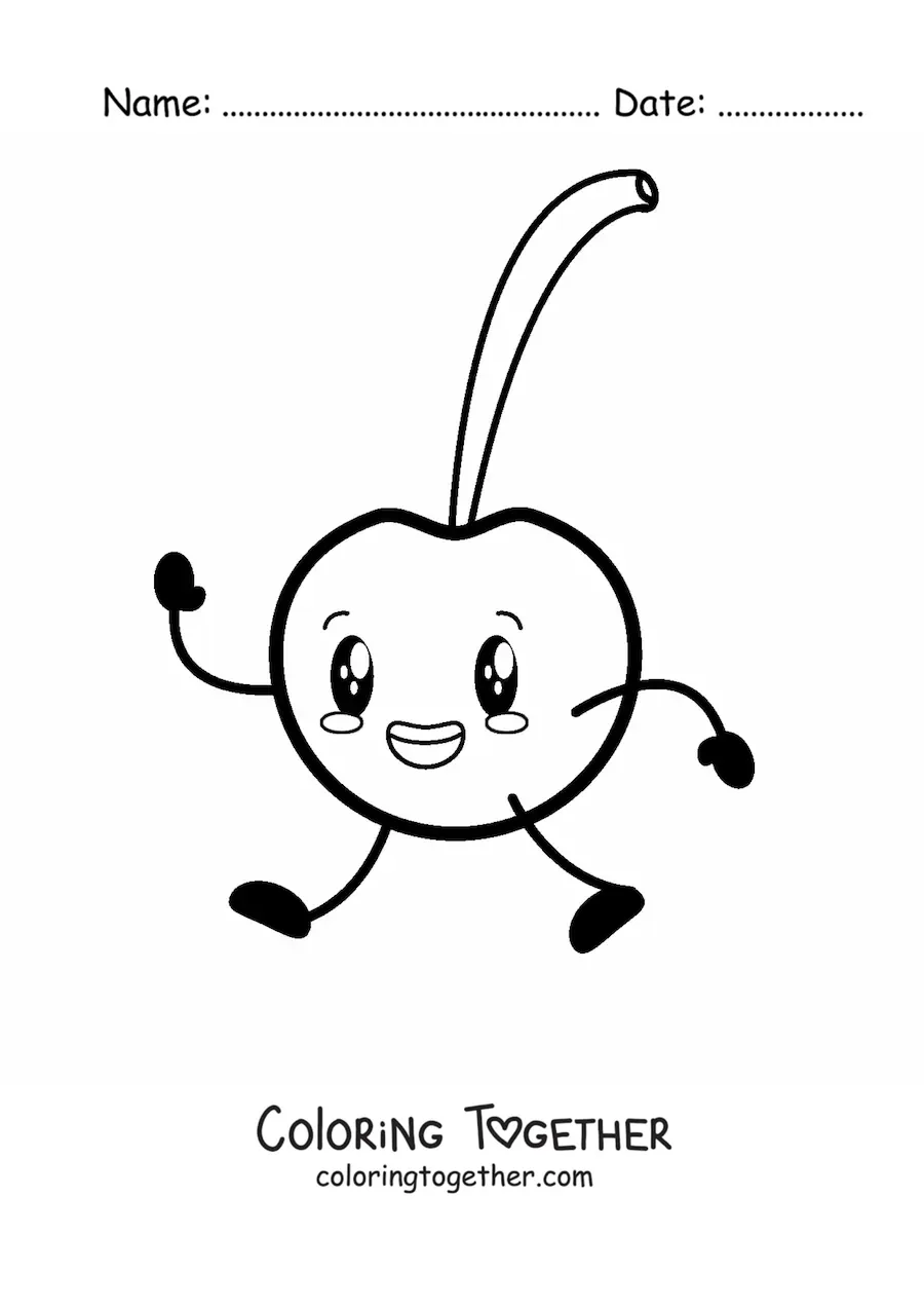 Coloring page of a cartoon cherry walking