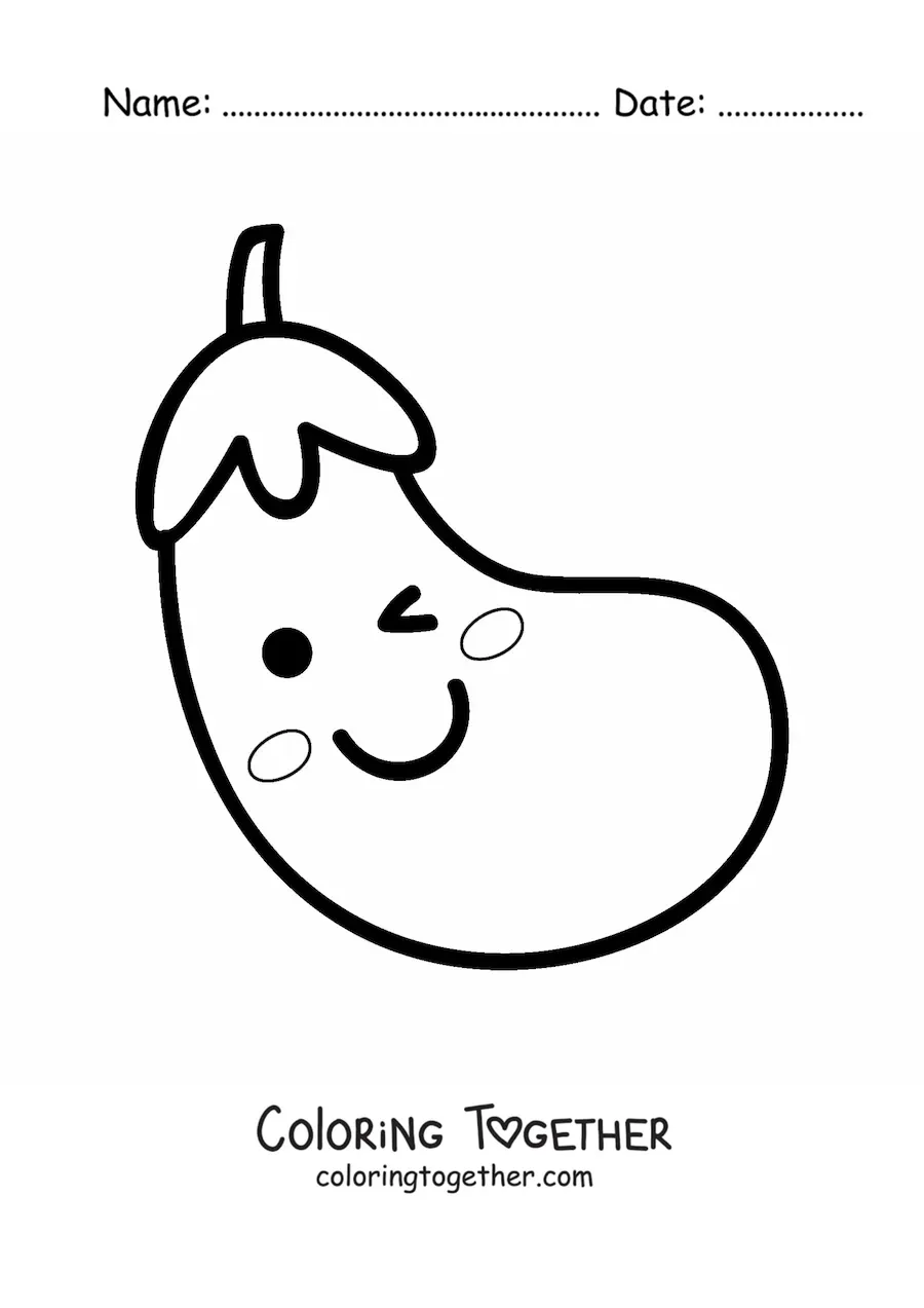 Coloring page of a big healthy cute kawaii cartoon eggplant