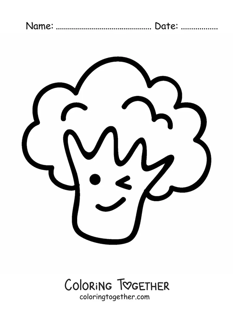 Coloring page of cute healthy kawaii cartoon broccoli