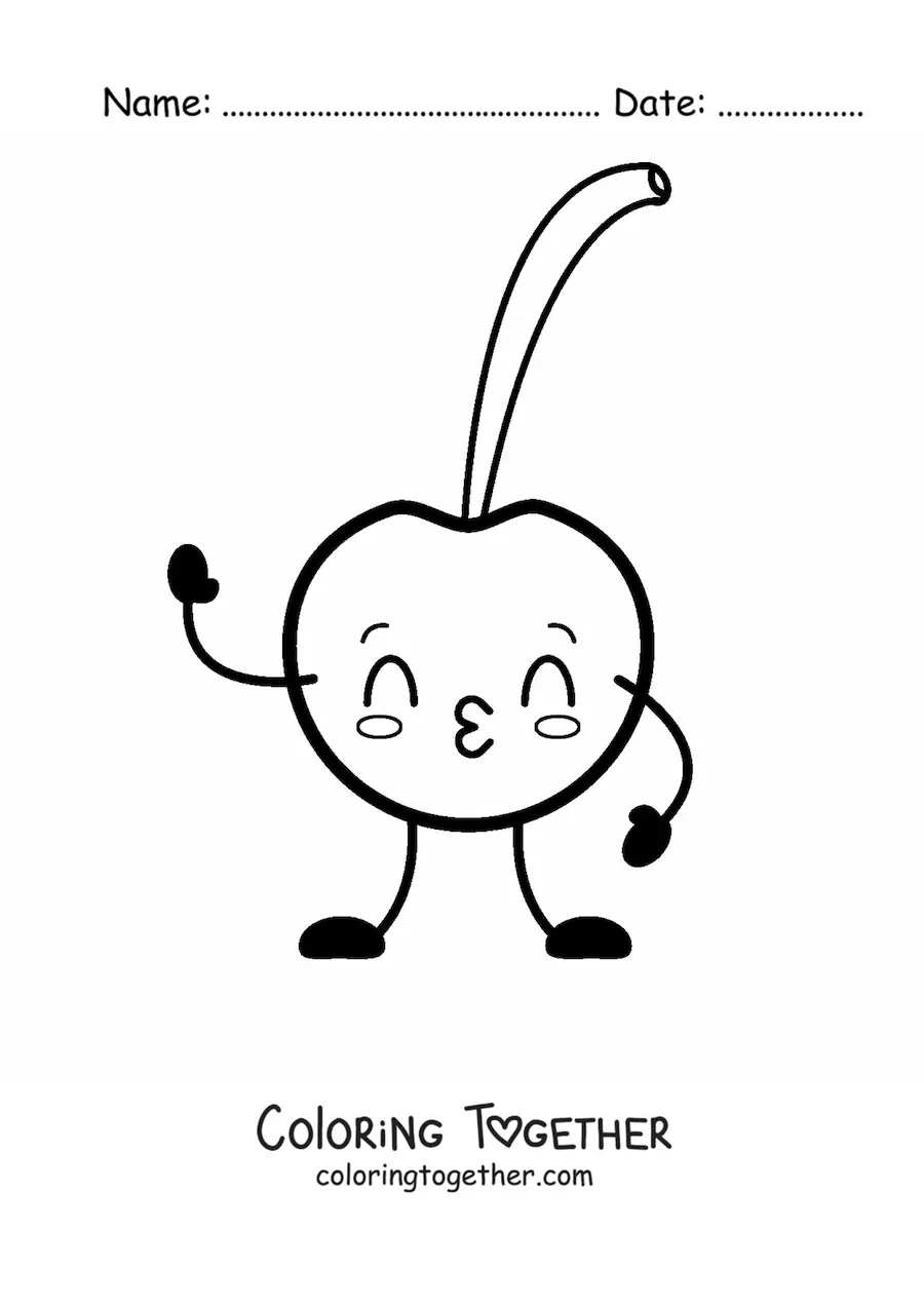 Coloring page of a cartoon cherry blowing kisses