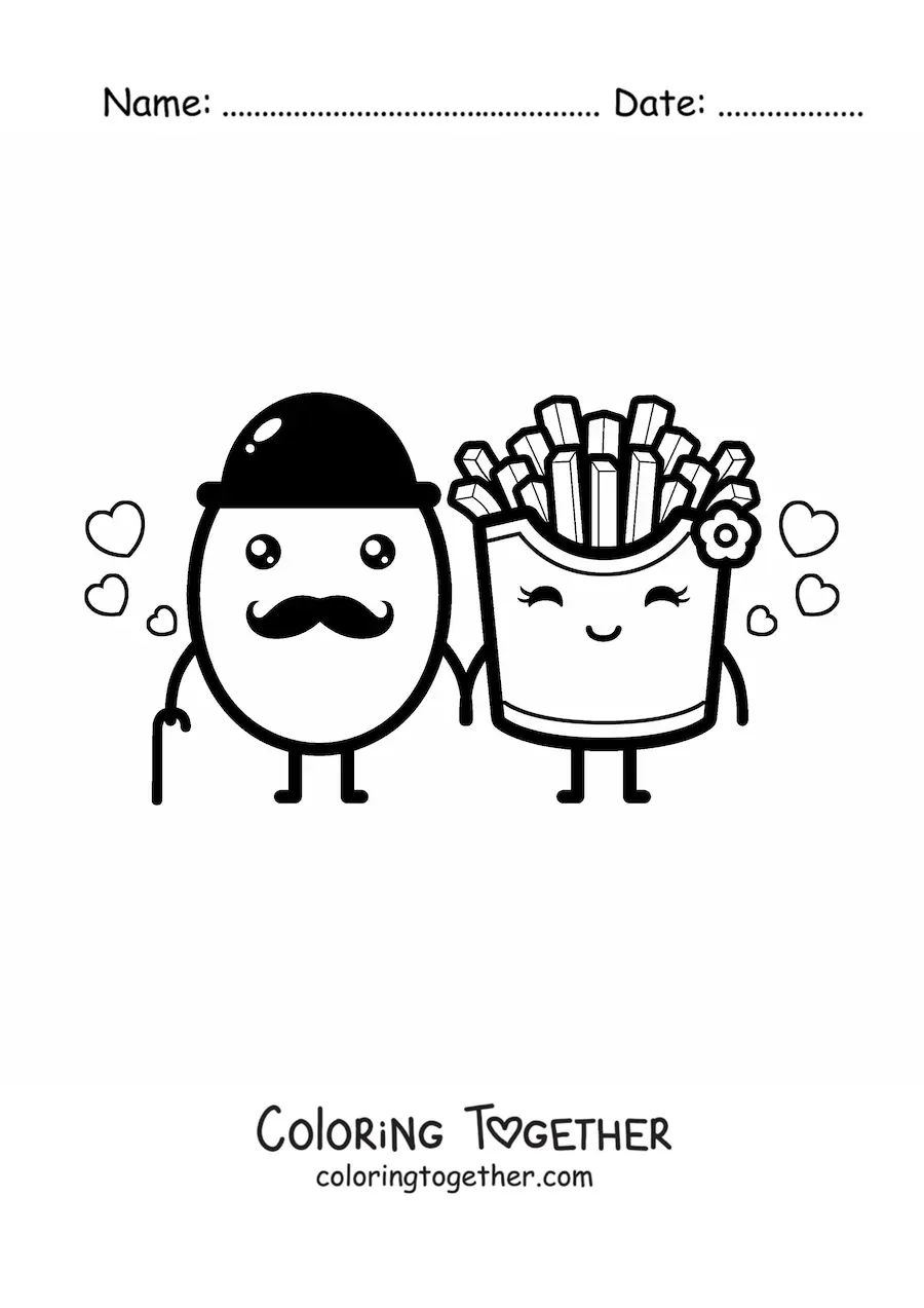 Coloring page of a cartoon potato with a mustache and a french fries couple
