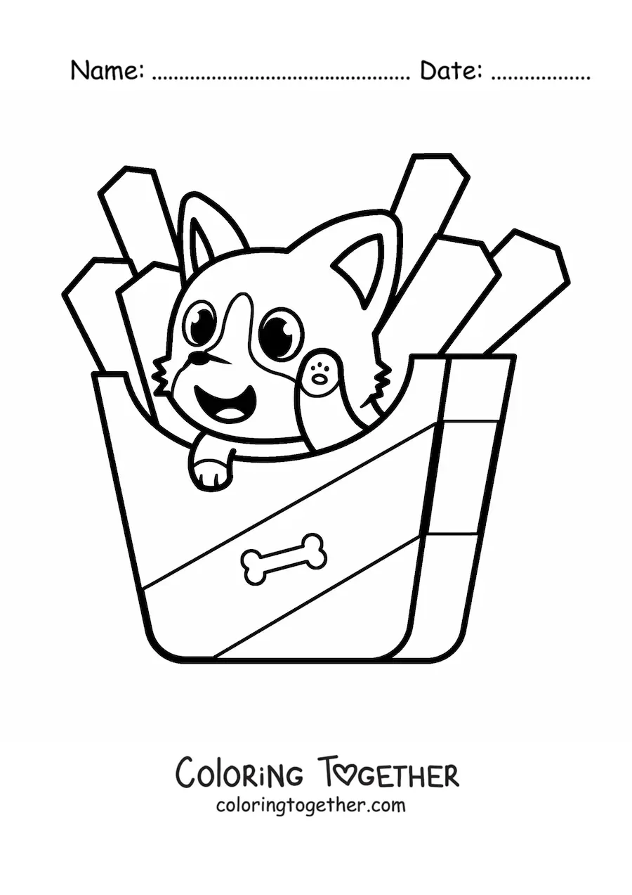 Coloring page of a cute kawaii cartoon dog with french fries