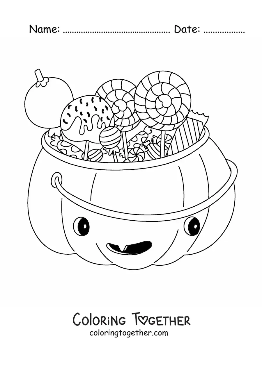 Coloring page of a cartoon pumpkin with candy