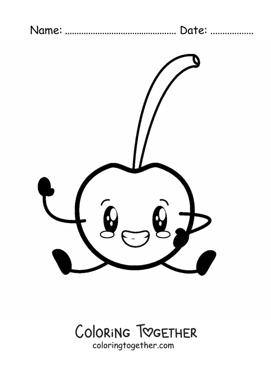 Coloring page of a cartoon cherry sitting and smiling