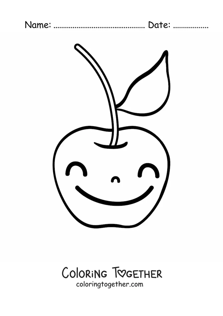 Coloring page of a cartoon cherry with a big smile and a leaf