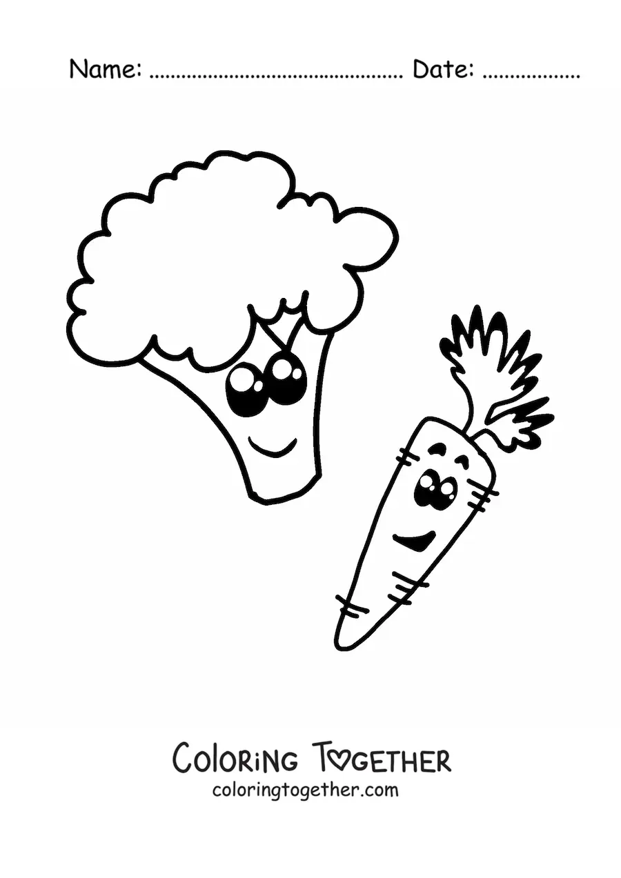 Coloring page of a cartoon carrot with broccoli