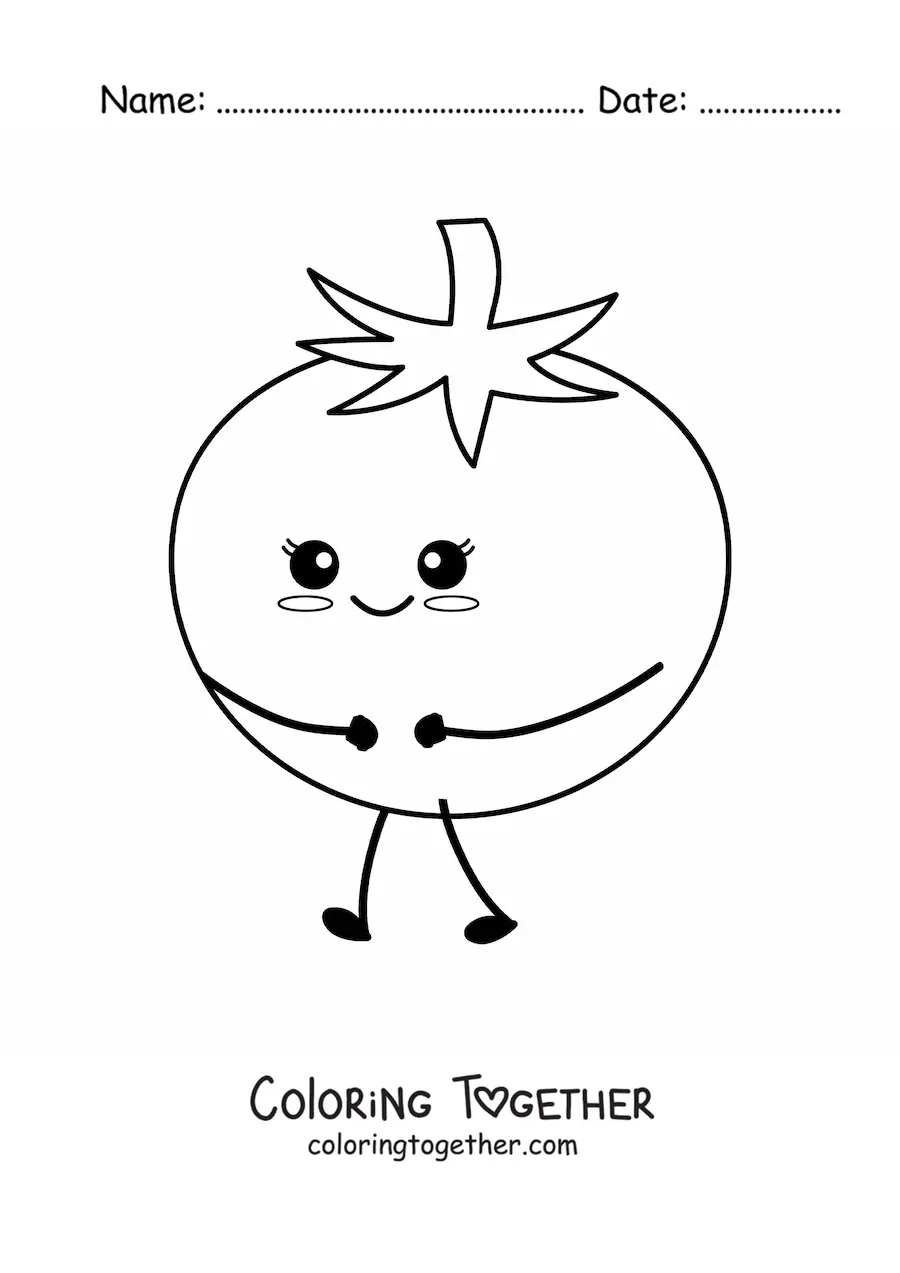 Coloring page of a cute kawaii cartoon tomato