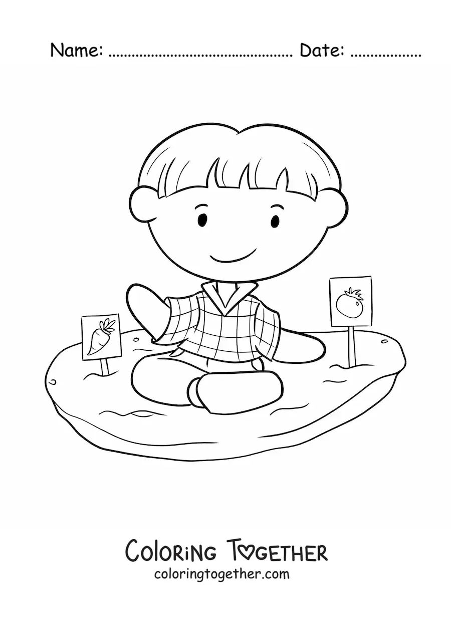 Coloring page of a boy planting a tomato and a carrot