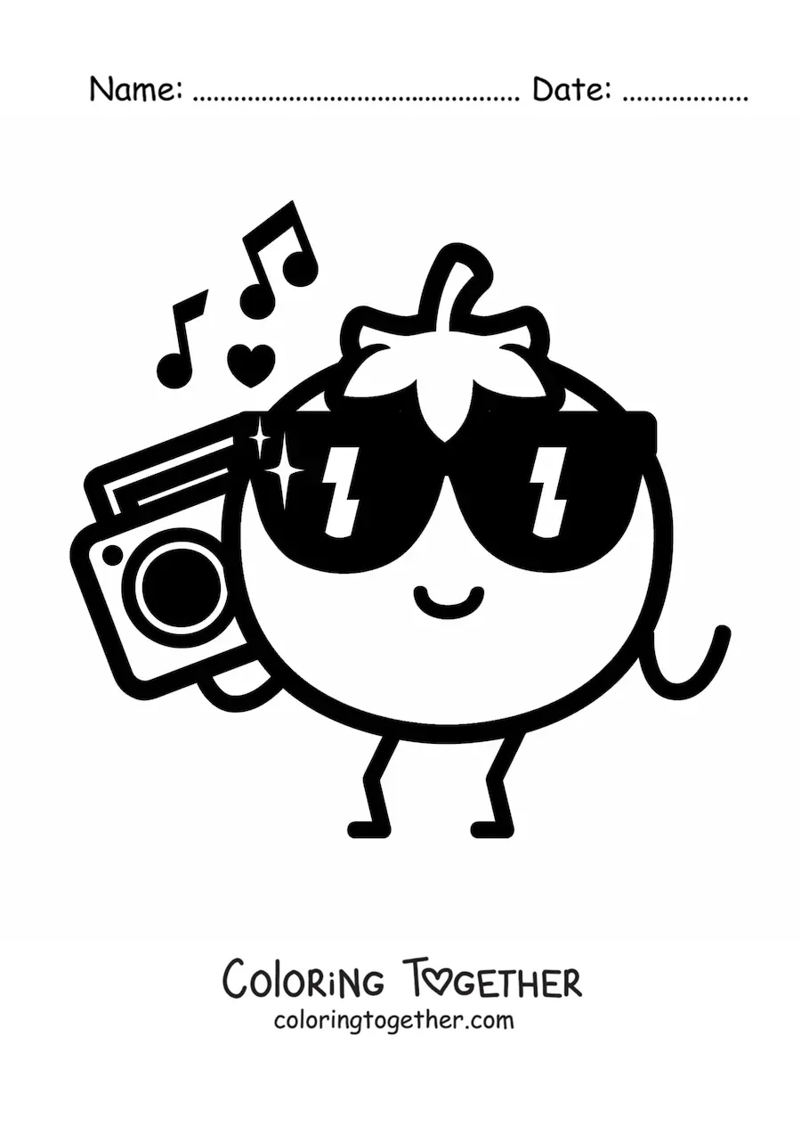 Coloring page of a cartoon tomato with glasses