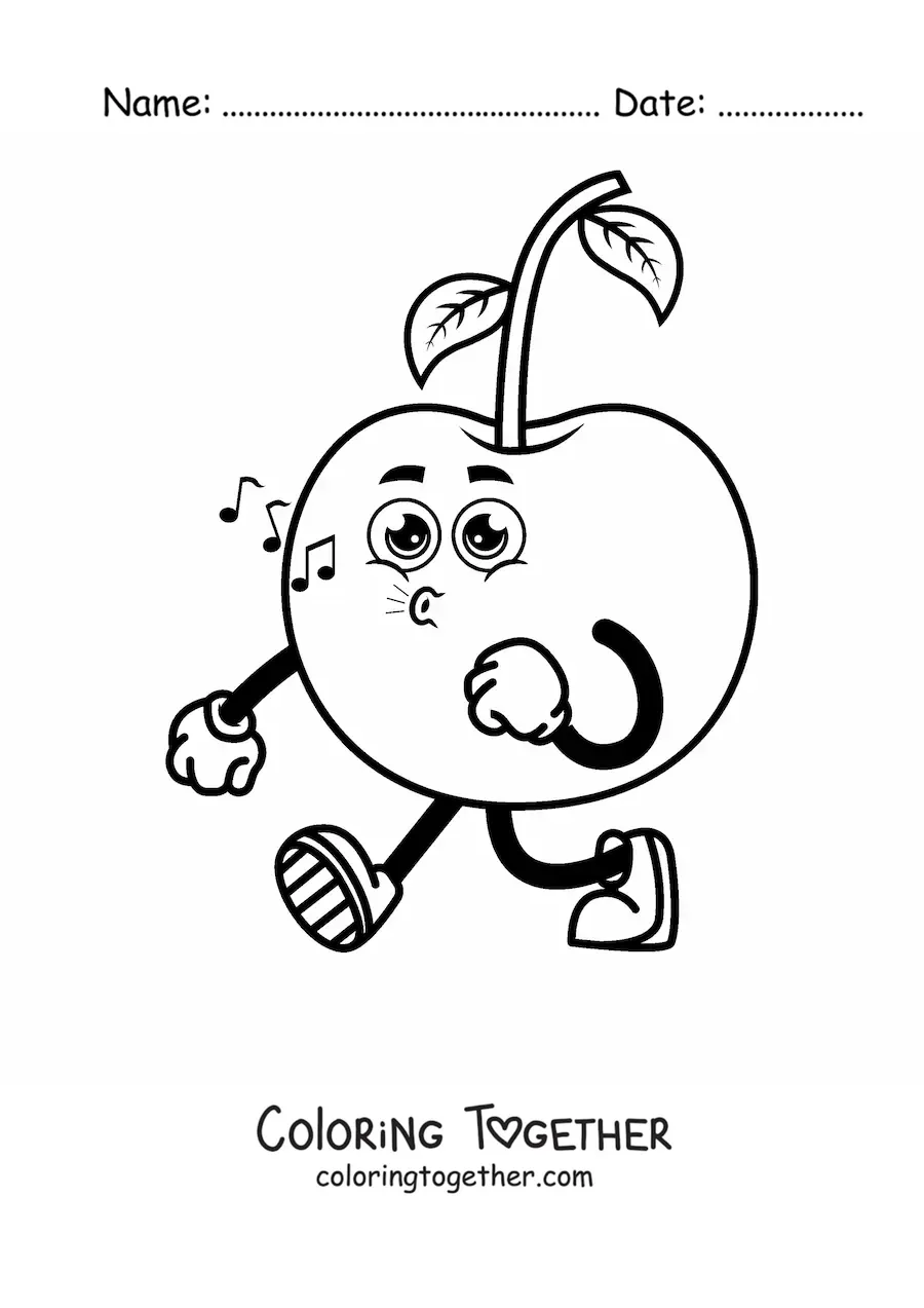 Coloring page of a cartoon cherry walking and whistling