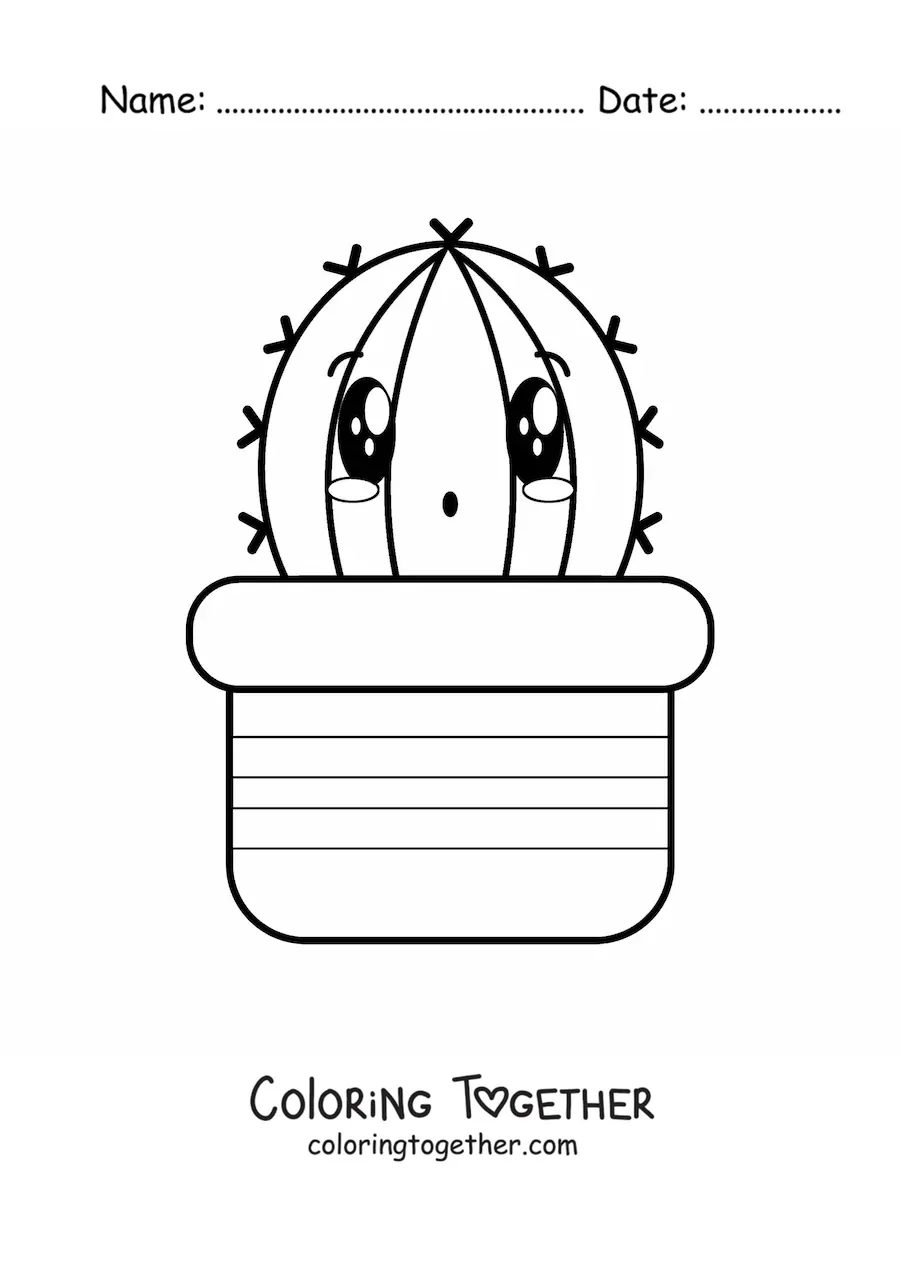 Coloring page of a big cute kawaii cactus in a pot