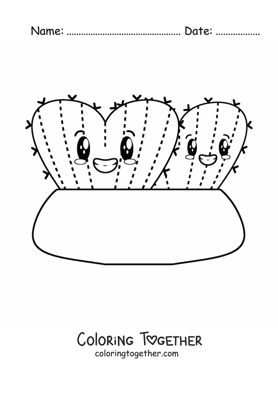 Coloring page of a cute heart-shaped cactus in a pot