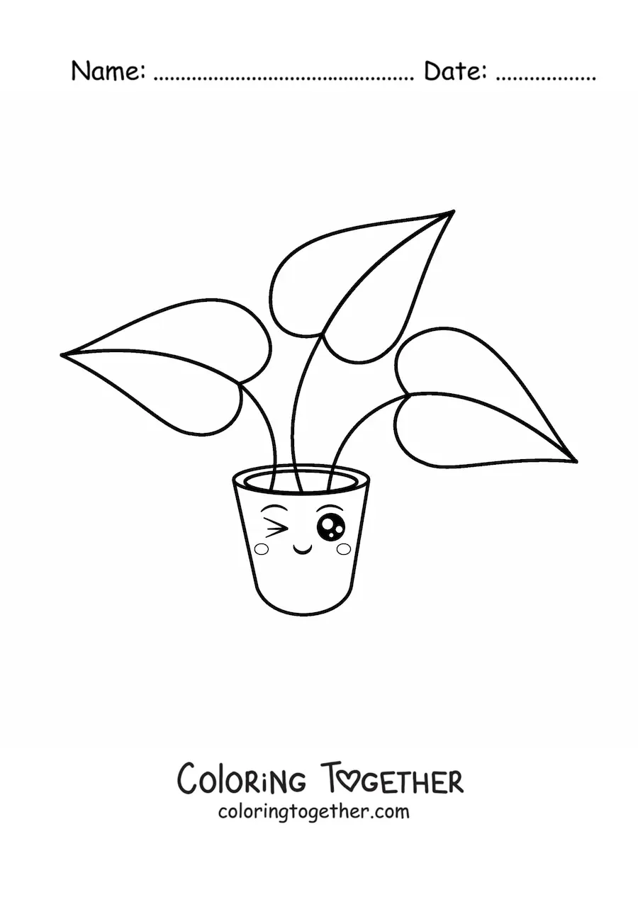 Coloring page of a cute plant with big leaves in a pot
