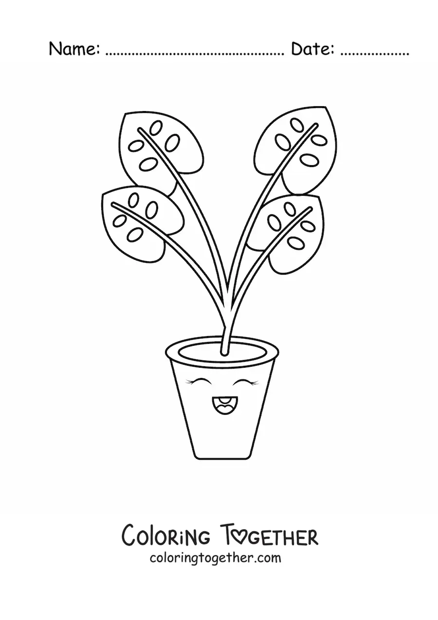 Coloring page of a cute kawaii cartoon plant with big leaves in a pot