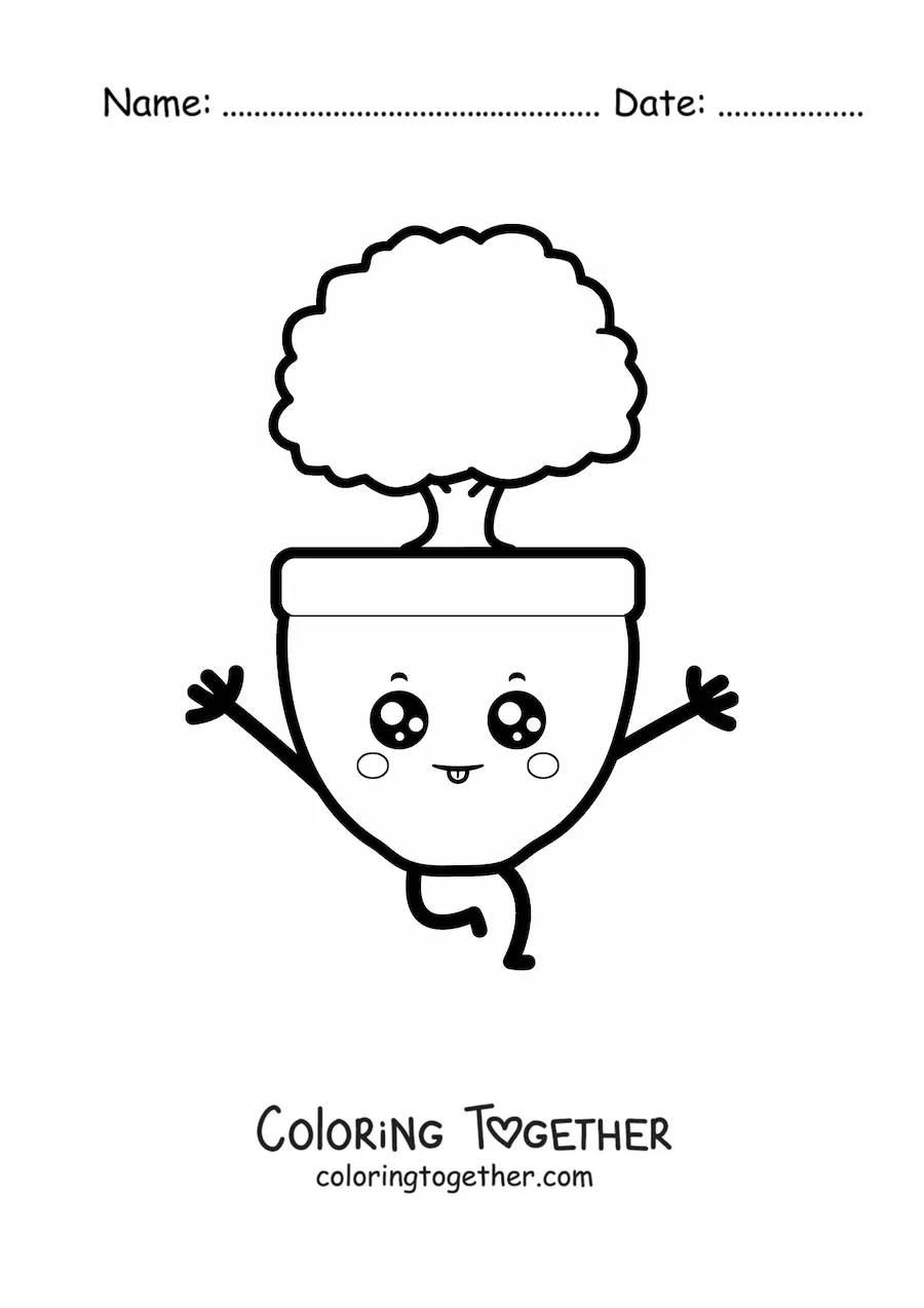 Coloring page of an easy small kawaii tree in a pot