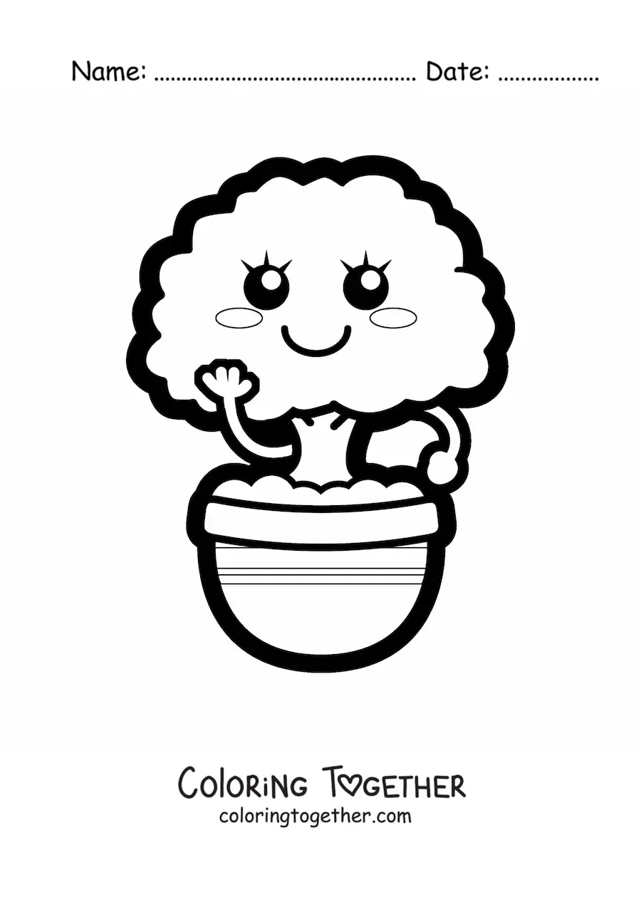 Coloring page of an easy kawaii bonsai tree in a pot