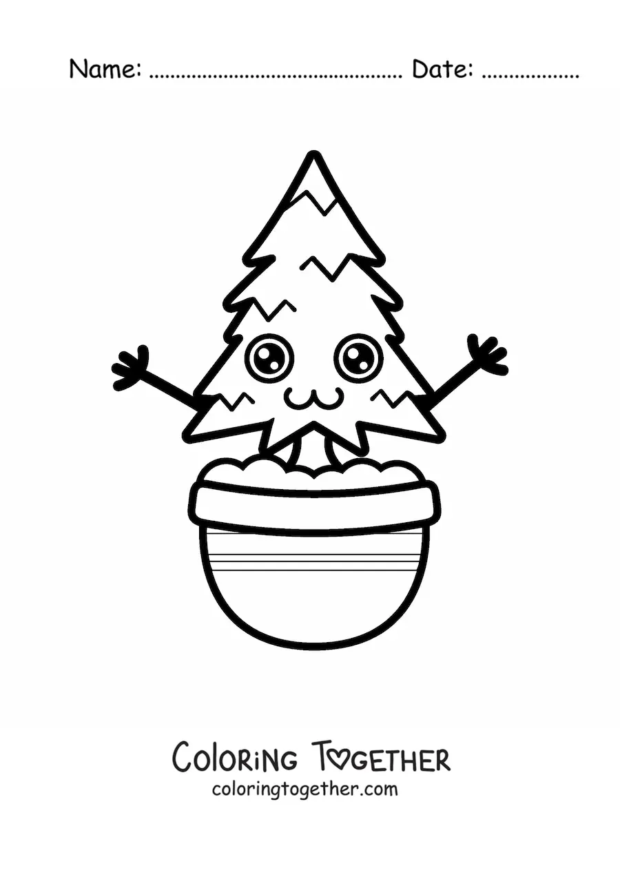 Coloring page of an easy cute kawaii pine tree in a pot