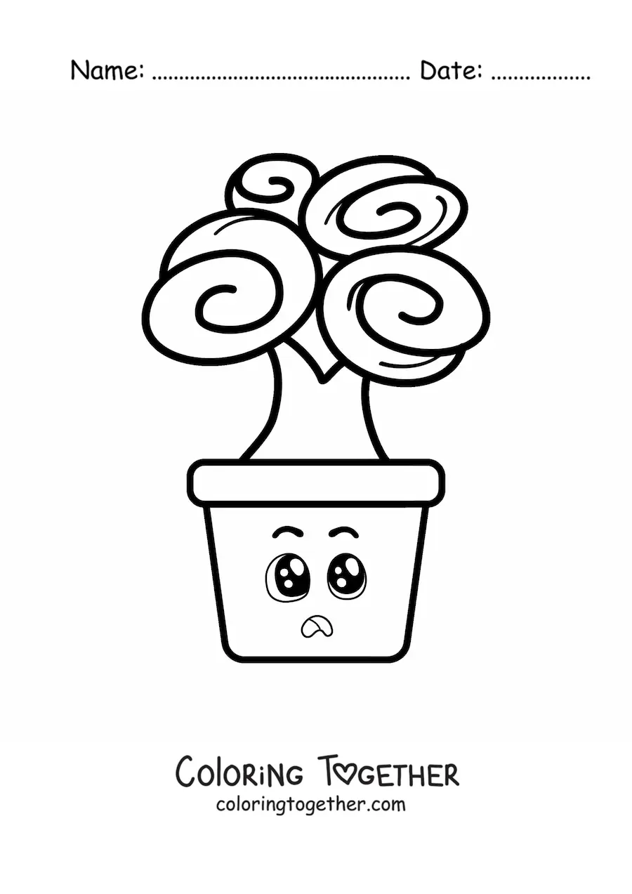 Coloring page of a kawaii cartoon tree in a pot