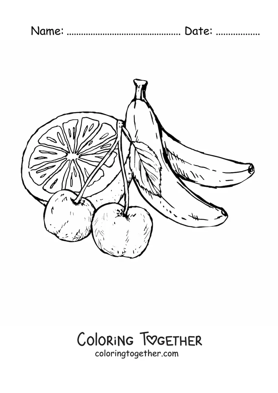 Coloring page of two cherries with an orange and bananas behind them