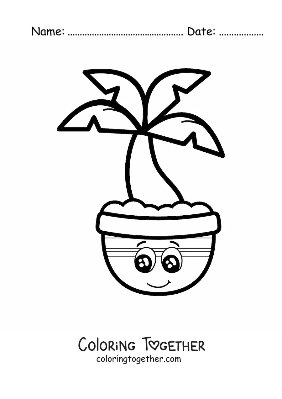 Coloring page of a kawaii cartoon palm tree in a pot