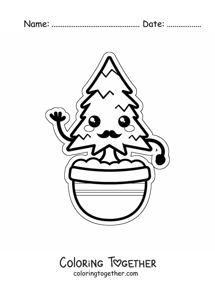 Coloring page of a kawaii cartoon pine tree with a mustache in a pot