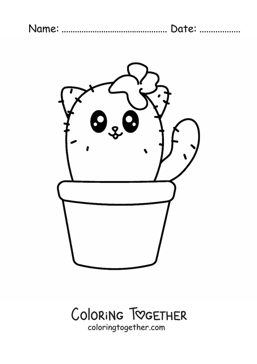 Coloring page of a cat-shaped kawaii cactus