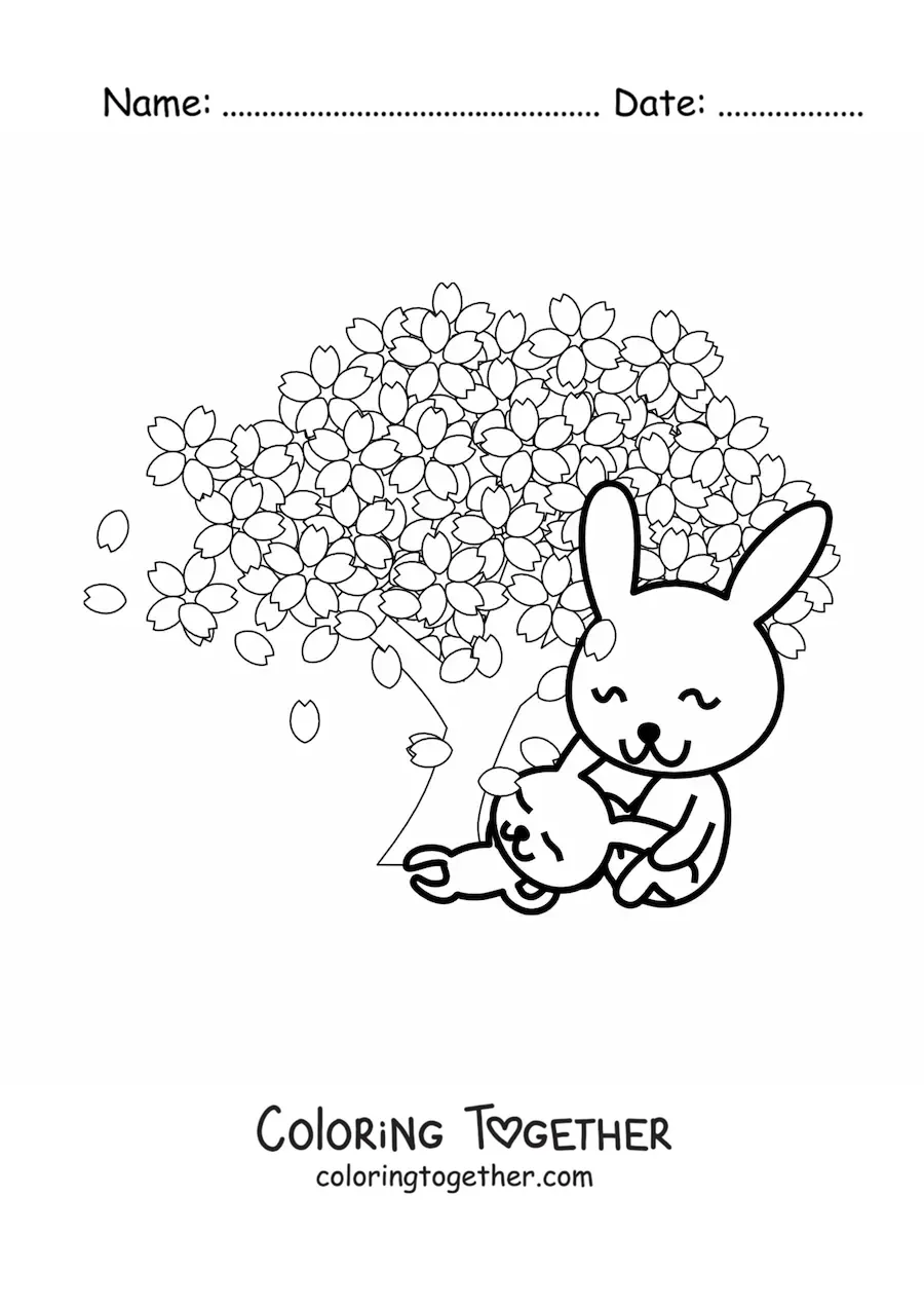 Coloring page of cartoon rabbits next to a cherry blossom tree