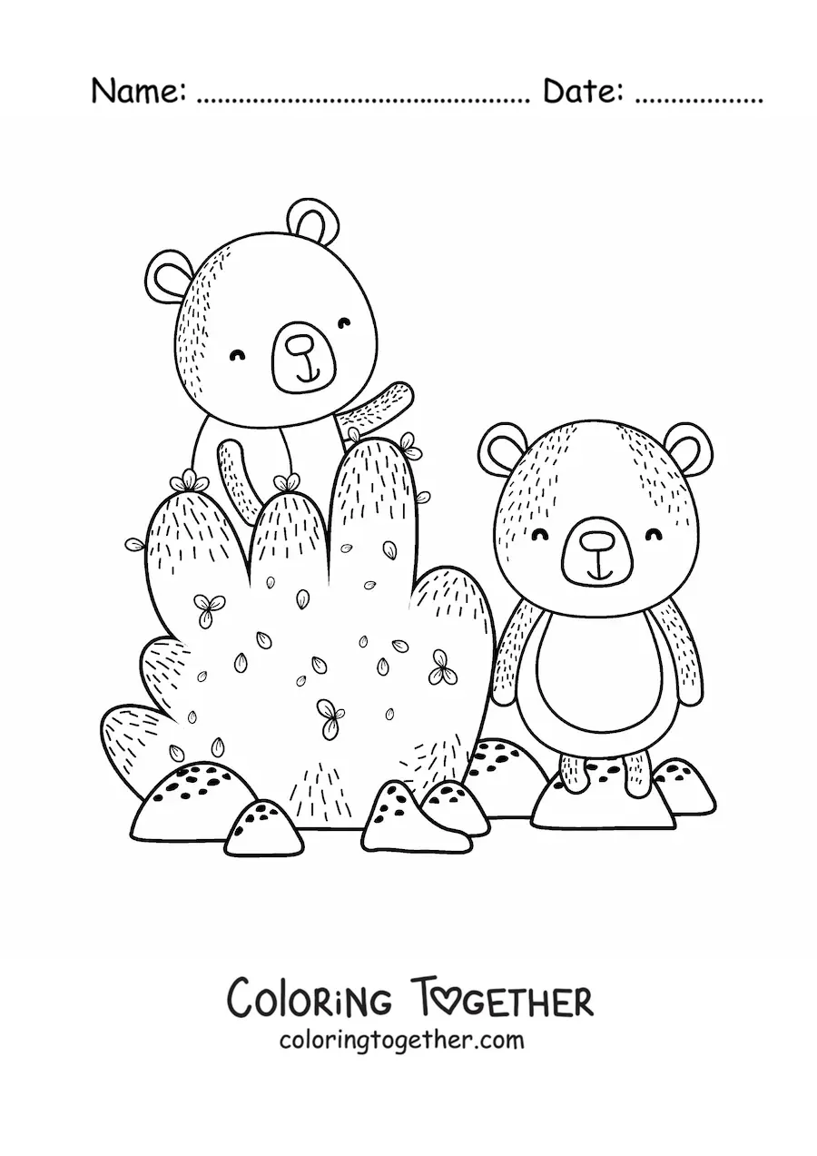 Coloring page of a bush and cartoon bears