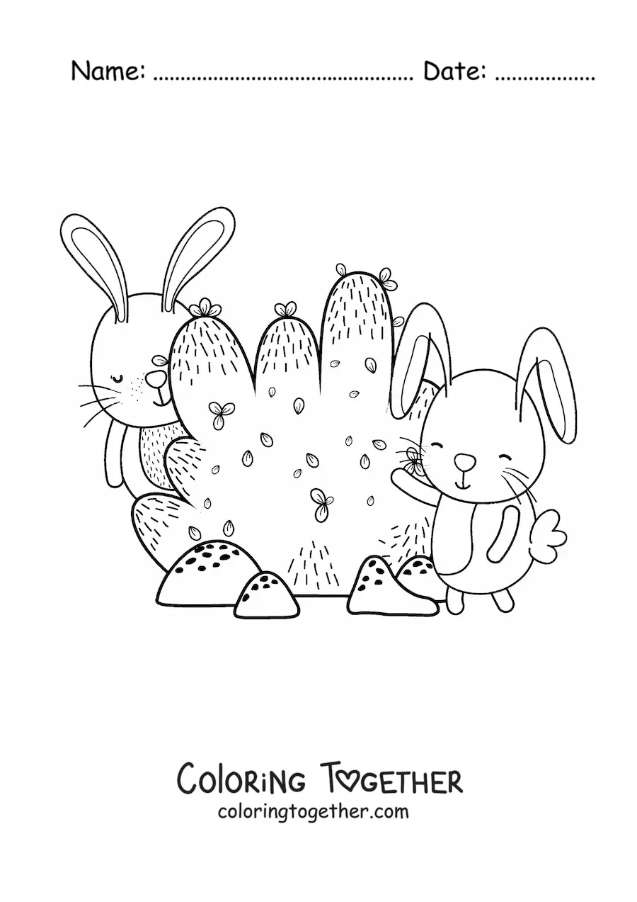 Coloring page of a bush and cartoon rabbits