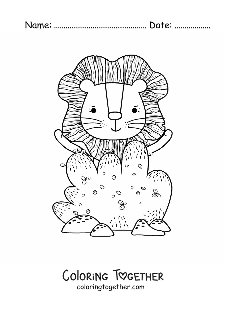 Coloring page of a bush and a cartoon lion