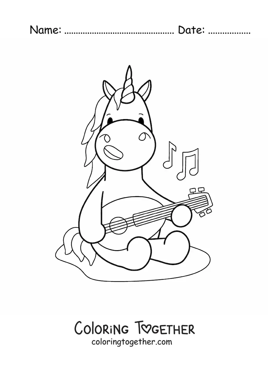 Coloring page of a kawaii unicorn playing a lute