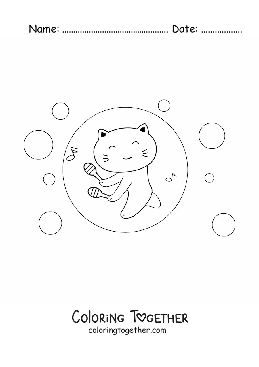 Coloring page of a kawaii cartoon cat playing maracas