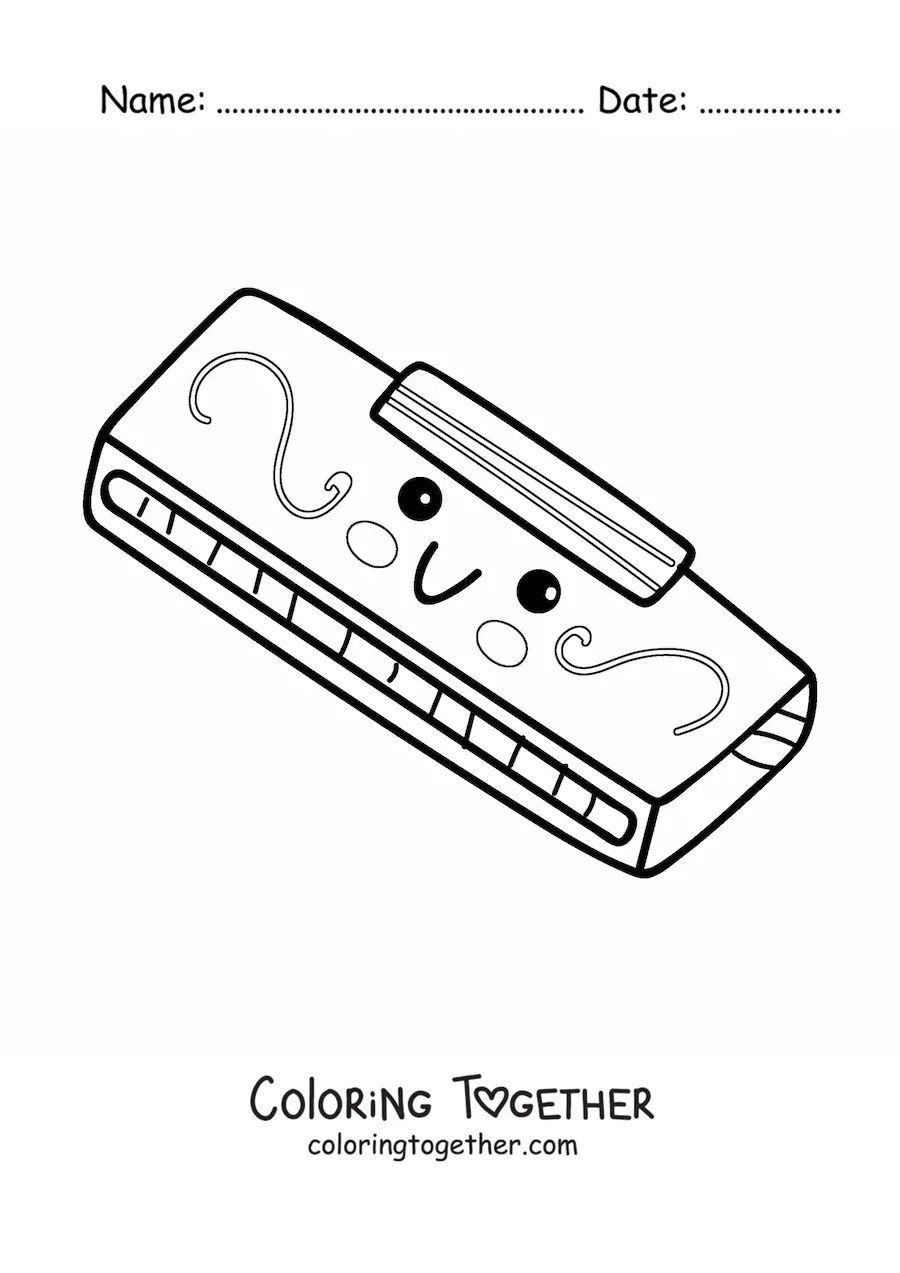 Coloring page of a kawaii cartoon harmonica