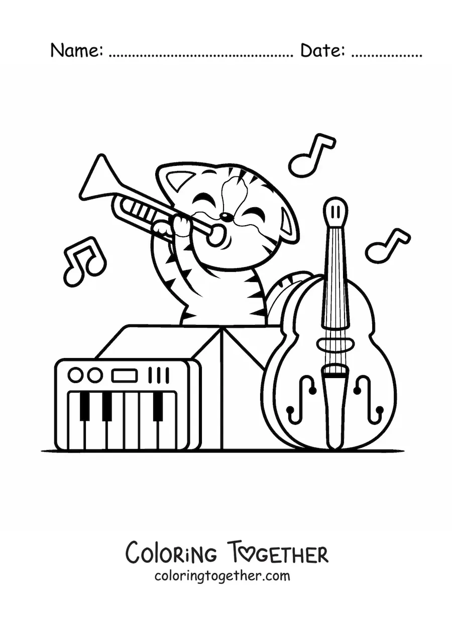 Coloring page of a kawaii cartoon cat playing musical instruments