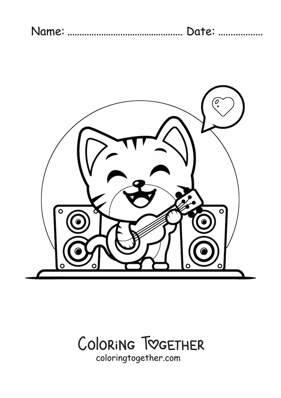 Coloring page of a kawaii cat playing guitar at a concert