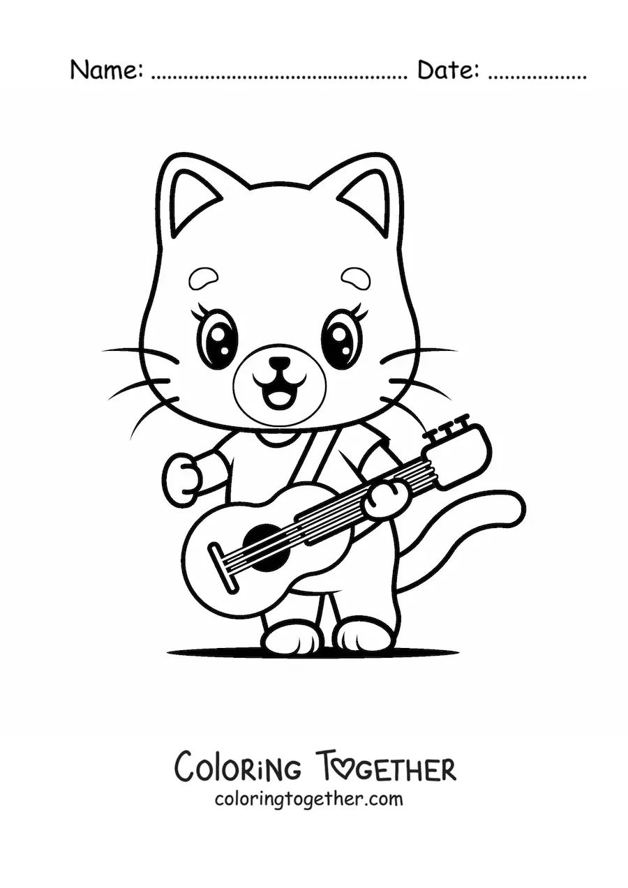 Coloring page of a kawaii cartoon cat playing guitar
