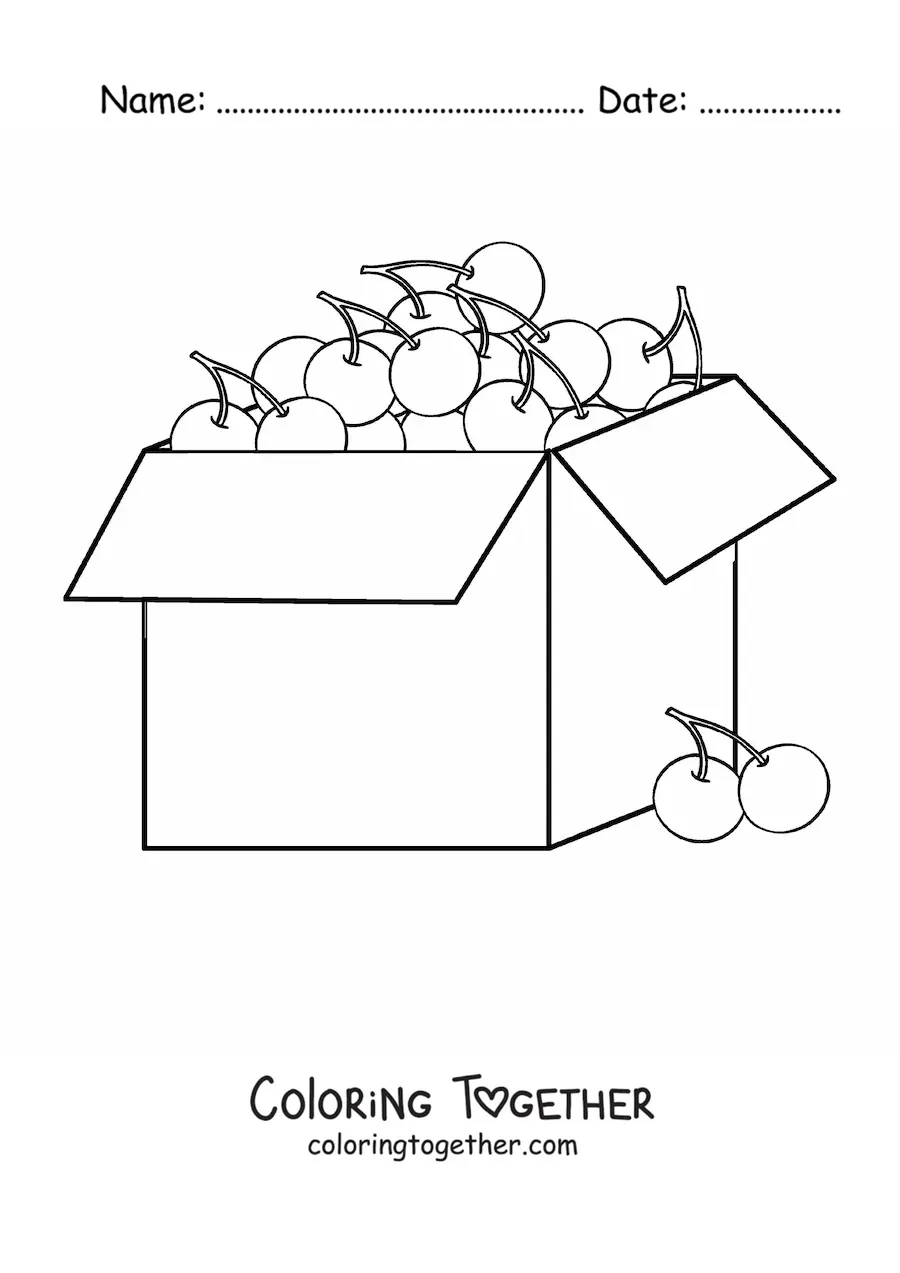 Coloring page of a box full of cherries with two cherries outside