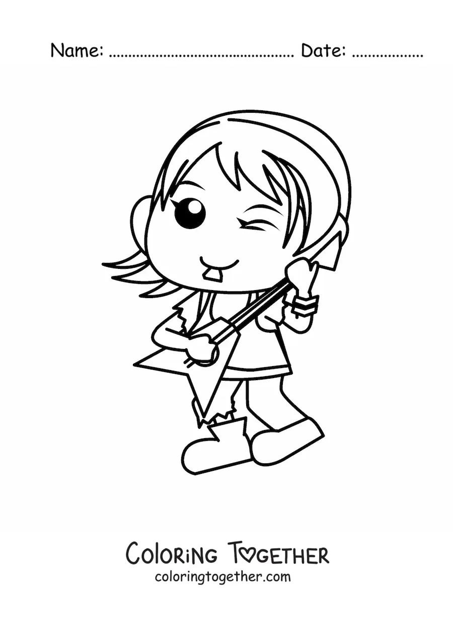 Coloring page of a rocker girl with an electric guitar