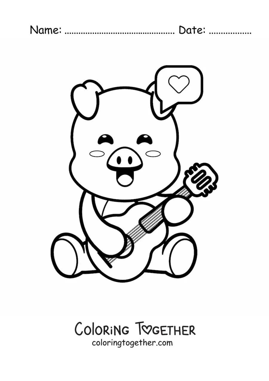 Coloring page of a kawaii cartoon pig playing acoustic guitar