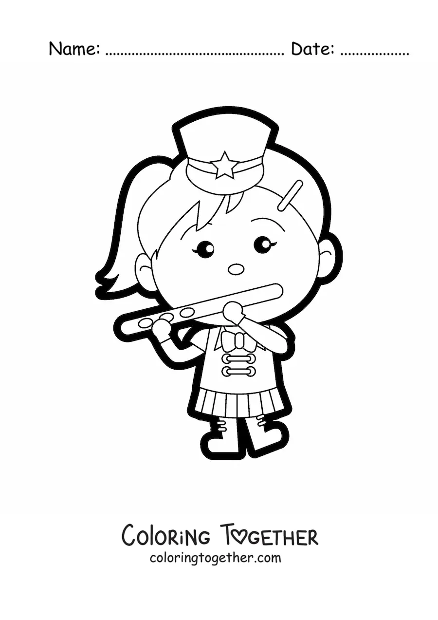 Coloring page of a girl flute player in a marching band