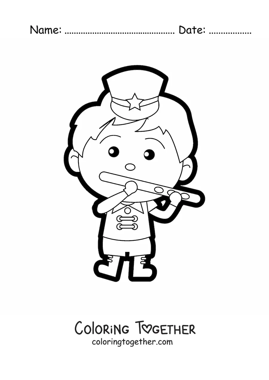 Coloring page of a boy flute player in a marching band