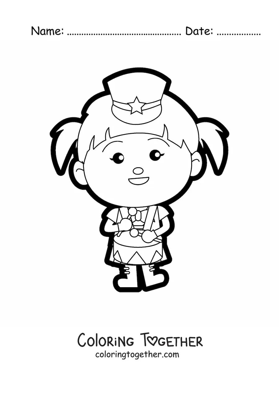 Coloring page of a girl playing the drum in a marching band