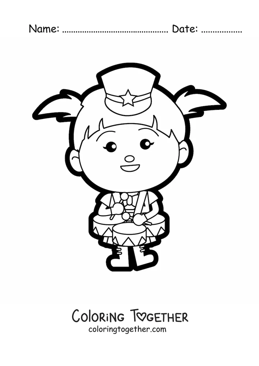 Coloring page of a girl playing drums in a marching band