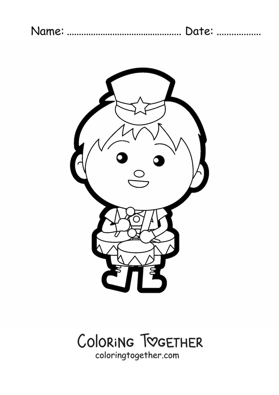Coloring page of a boy playing drums in a marching band