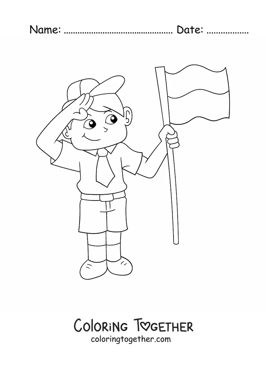 Coloring page of a kawaii boy with the flag of Indonesia