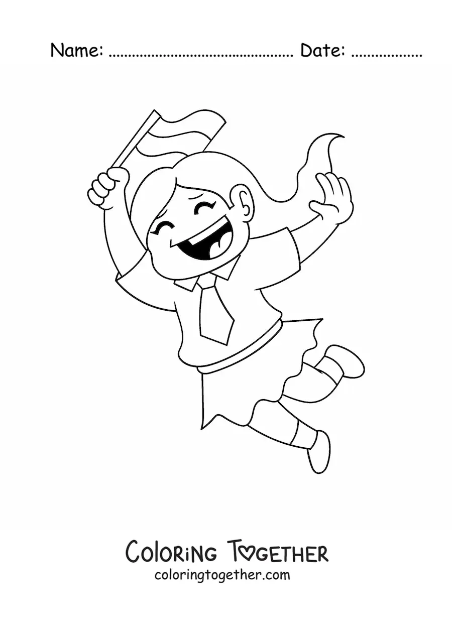 Coloring page of a kawaii girl with the flag of Indonesia