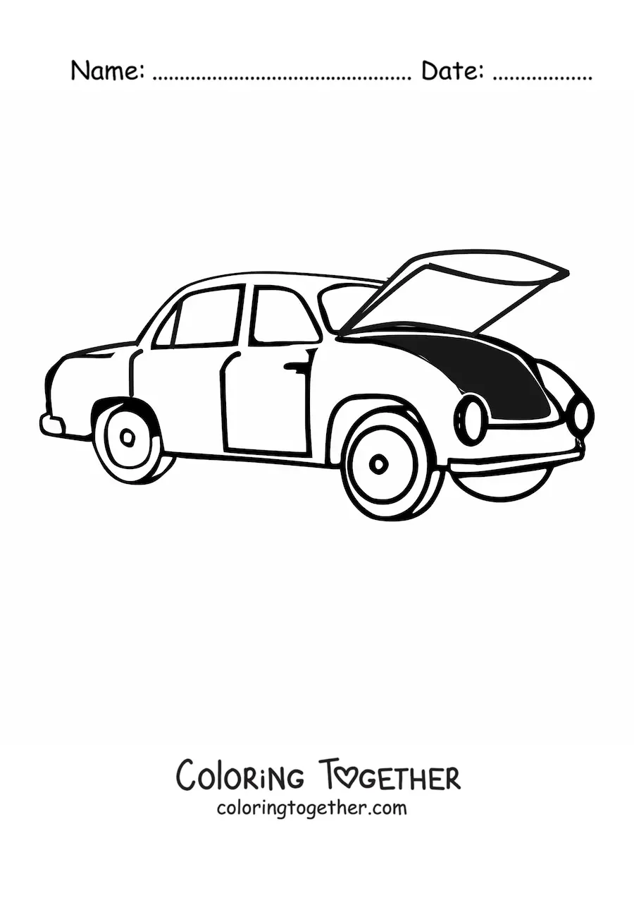 Coloring page of a car with the hood open